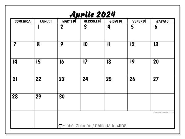 Calendario aprile 2024 “45”. Calendario da stampare gratuito.. Da domenica a sabato