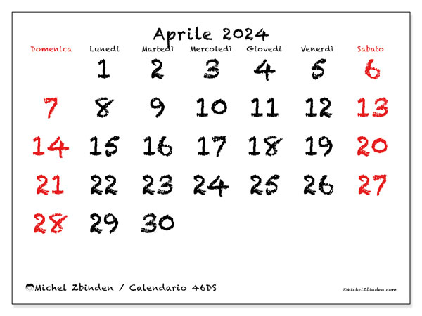 Calendario aprile 2024, 46DS. Piano da stampare gratuito.