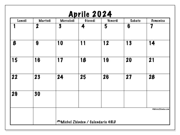 Calendario aprile 2024 “48”. Orario da stampare gratuito.. Da lunedì a domenica