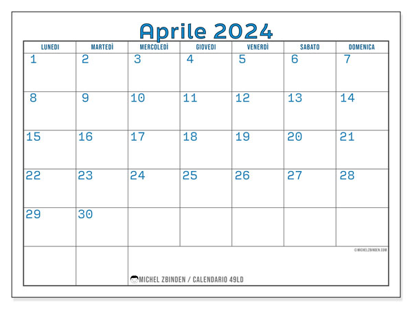 Calendario aprile 2024 “49”. Calendario da stampare gratuito.. Da lunedì a domenica
