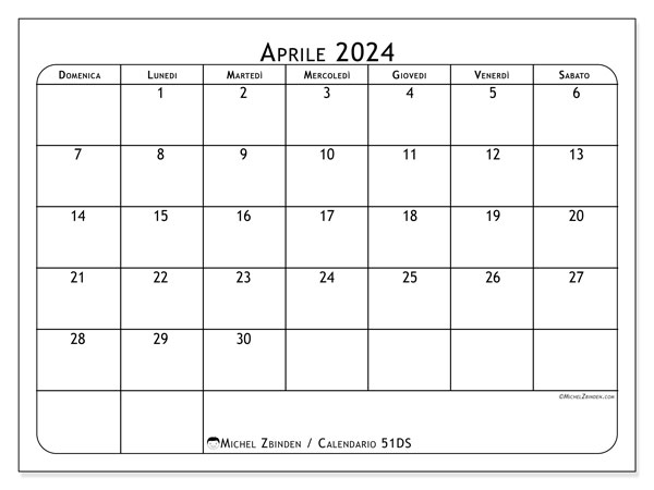 Calendario aprile 2024 “51”. Piano da stampare gratuito.. Da domenica a sabato