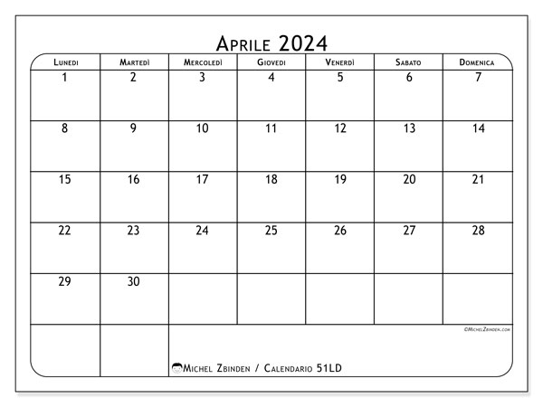 Calendario aprile 2024 “51”. Piano da stampare gratuito.. Da lunedì a domenica