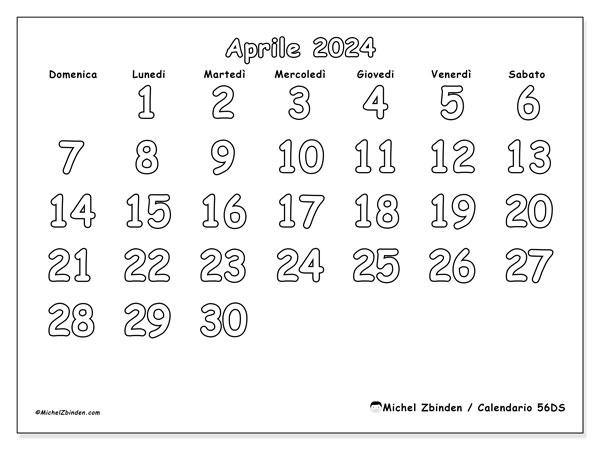 Calendario aprile 2024 “56”. Calendario da stampare gratuito.. Da domenica a sabato