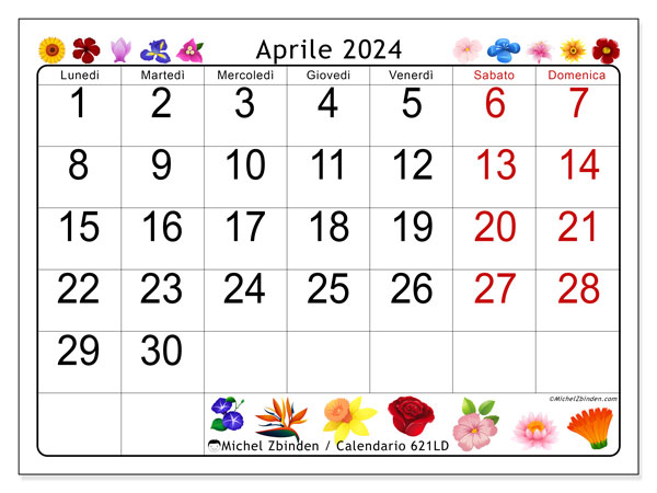 Calendario aprile 2024 “621”. Programma da stampare gratuito.. Da lunedì a domenica