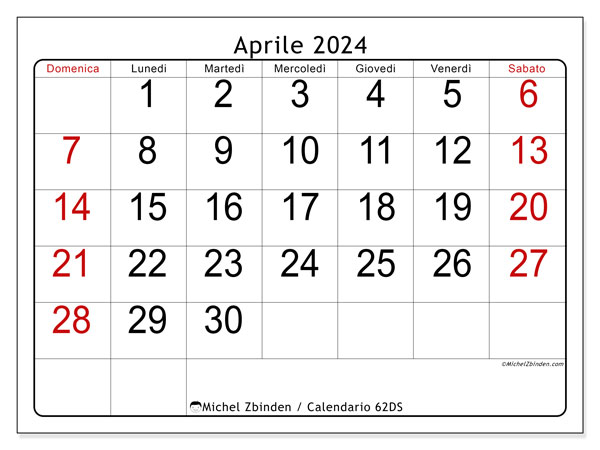 Calendario aprile 2024 “62”. Orario da stampare gratuito.. Da domenica a sabato