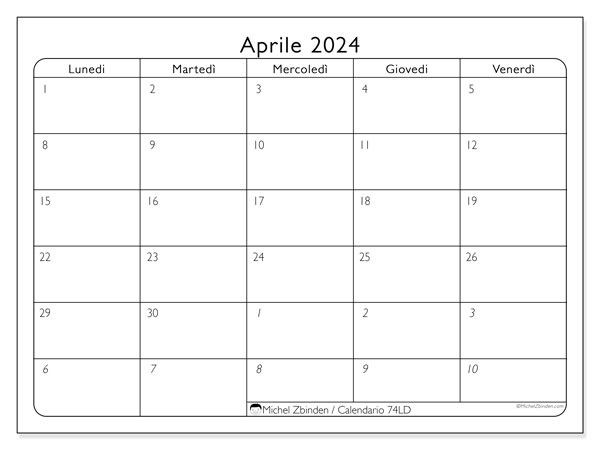 74LD, calendario aprile 2024, da stampare gratuitamente.
