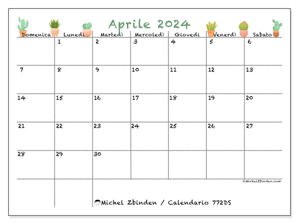 Calendario aprile 2024 “772”. Orario da stampare gratuito.. Da domenica a sabato