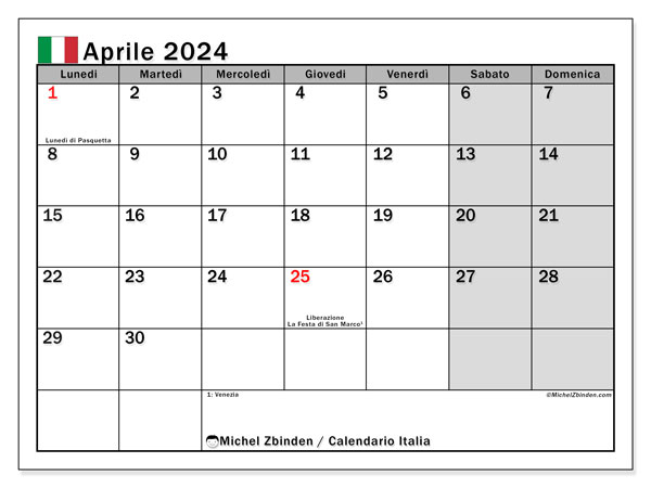 Kalendarz kwiecień 2024, Włochy (IT). Darmowy terminarz do druku.
