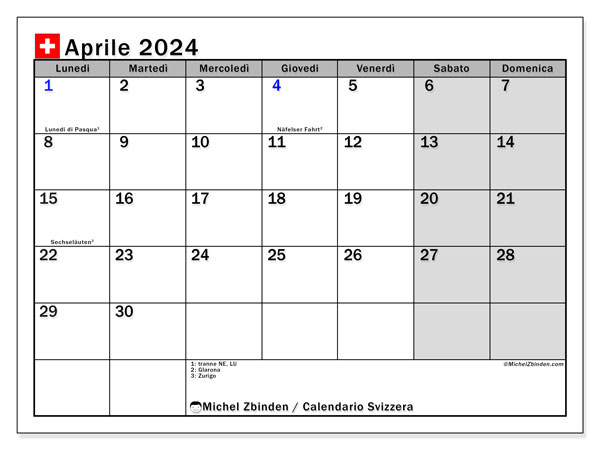 Calendario abril 2024 “Suiza (IT)”. Diario para imprimir gratis.. De lunes a domingo