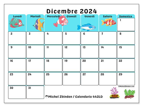 Calendario dicembre 2024 “442”. Orario da stampare gratuito.. Da lunedì a domenica