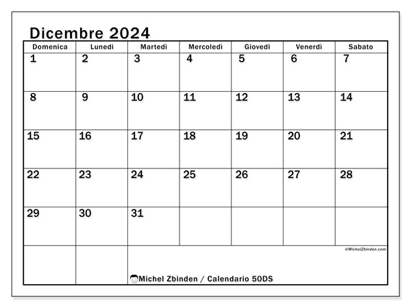 Calendario dicembre 2024 “50”. Orario da stampare gratuito.. Da domenica a sabato