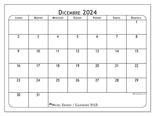 Calendario dicembre 2024 “51”. Programma da stampare gratuito.. Da lunedì a domenica