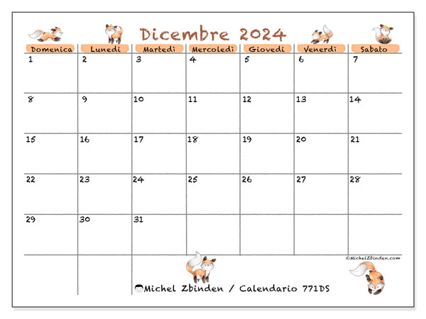 Calendario dicembre 2024 “771”. Piano da stampare gratuito.. Da domenica a sabato