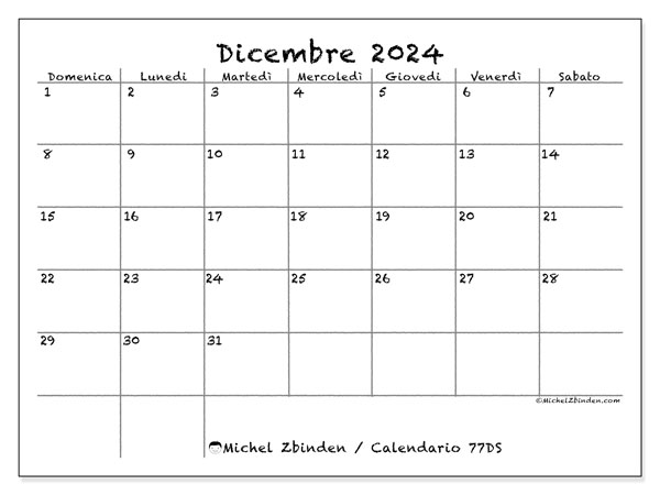 Calendario dicembre 2024 “77”. Programma da stampare gratuito.. Da domenica a sabato