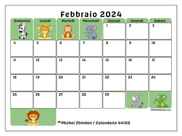 Calendario febbraio 2024, 441DS. Piano da stampare gratuito.