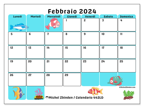 Calendario febbraio 2024 “442”. Programma da stampare gratuito.. Da lunedì a domenica