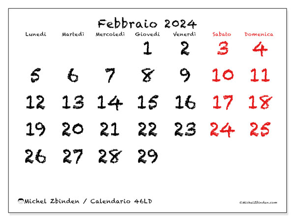 Calendario febbraio 2024 “46”. Orario da stampare gratuito.. Da lunedì a domenica