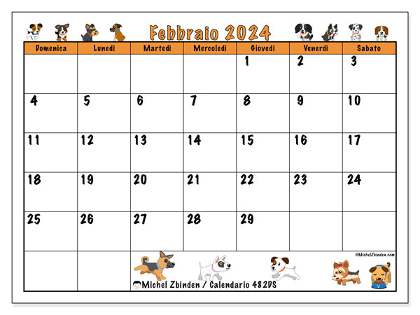 Calendario febbraio 2024 “482”. Piano da stampare gratuito.. Da domenica a sabato