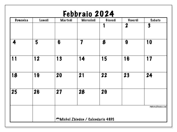 Calendario febbraio 2024 “48”. Piano da stampare gratuito.. Da domenica a sabato
