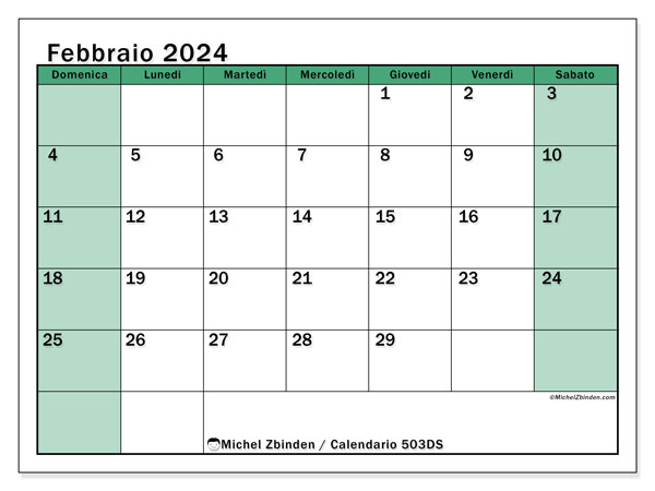 Calendario febbraio 2024 “503”. Calendario da stampare gratuito.. Da domenica a sabato