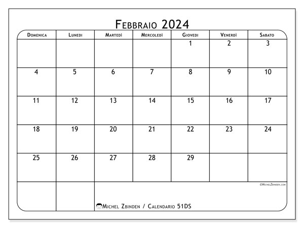 Calendario febbraio 2024 “51”. Piano da stampare gratuito.. Da domenica a sabato
