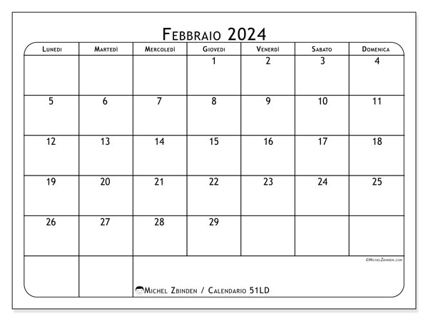 Calendario febbraio 2024 “51”. Piano da stampare gratuito.. Da lunedì a domenica