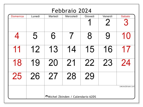 Calendario febbraio 2024 “62”. Programma da stampare gratuito.. Da domenica a sabato