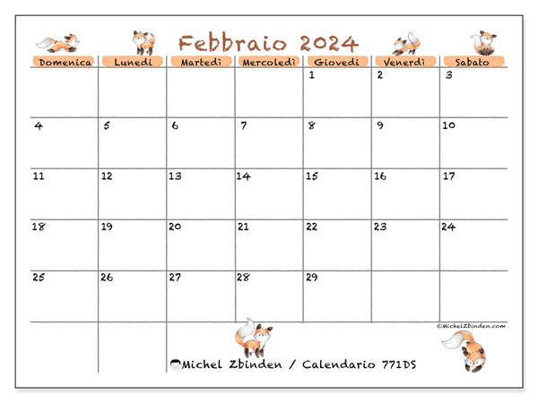 Calendario febbraio 2024 “771”. Orario da stampare gratuito.. Da domenica a sabato