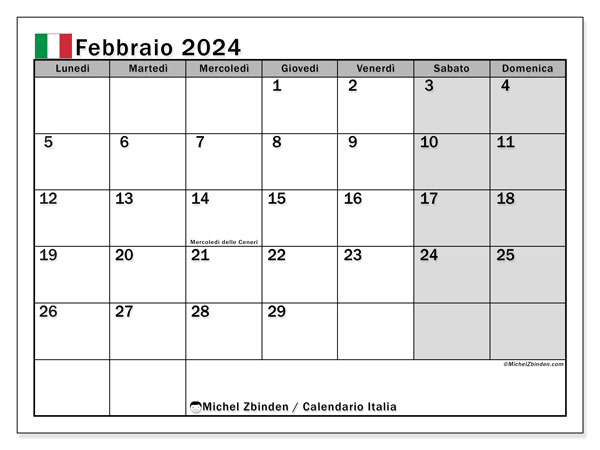Calendario febbraio 2024 “Italia”. Calendario da stampare gratuito.. Da lunedì a domenica