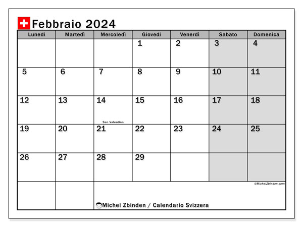 Calendrier février 2024, Suisse (IT), prêt à imprimer et gratuit.