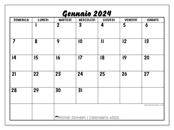 Calendario gennaio 2024, 45DS. Calendario da stampare gratuito.