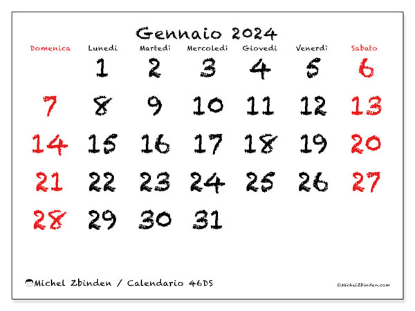 Calendario da stampare, gennaio 2024, 46DS