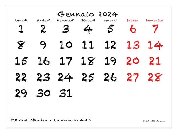 Calendario da stampare, gennaio 2024, 46LD
