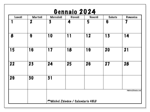 Calendario gennaio 2024, 48DS. Calendario da stampare gratuito.