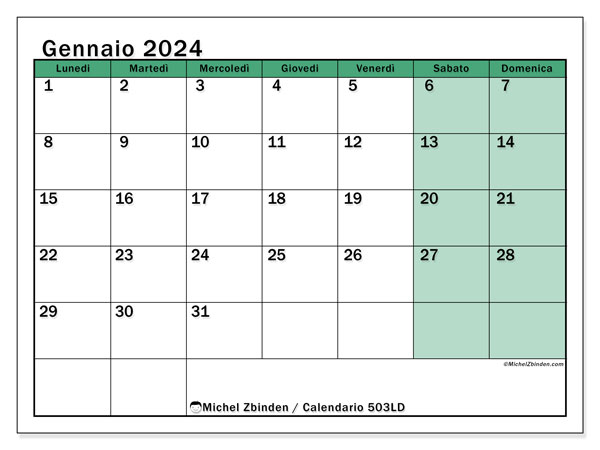 Calendario gennaio 2024, 503DS. Calendario da stampare gratuito.
