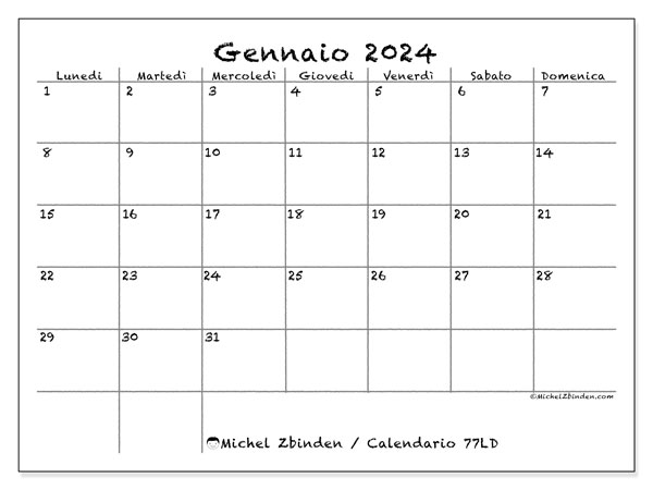 Calendario gennaio 2024, 77LD. Calendario da stampare gratuito.