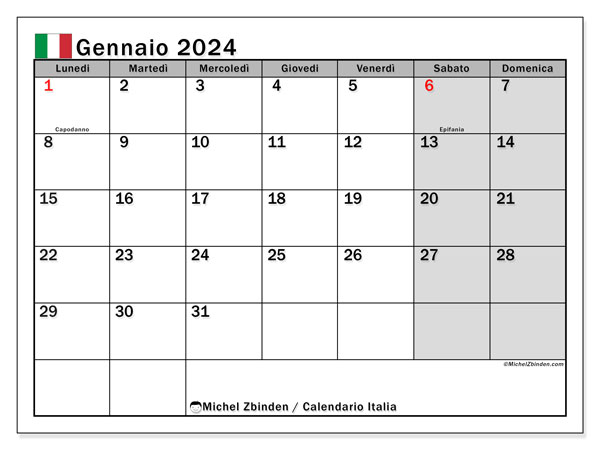 Kalender Januar 2024 “Italien”. Kalender zum Ausdrucken kostenlos.. Montag bis Sonntag