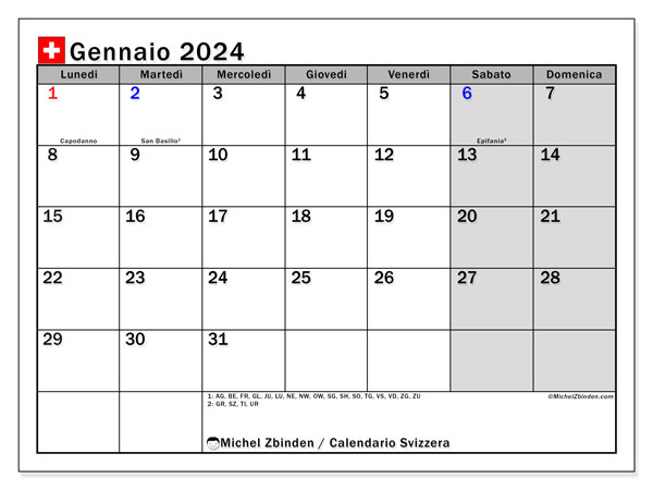 Calendrier janvier 2024, Suisse (IT), prêt à imprimer et gratuit.