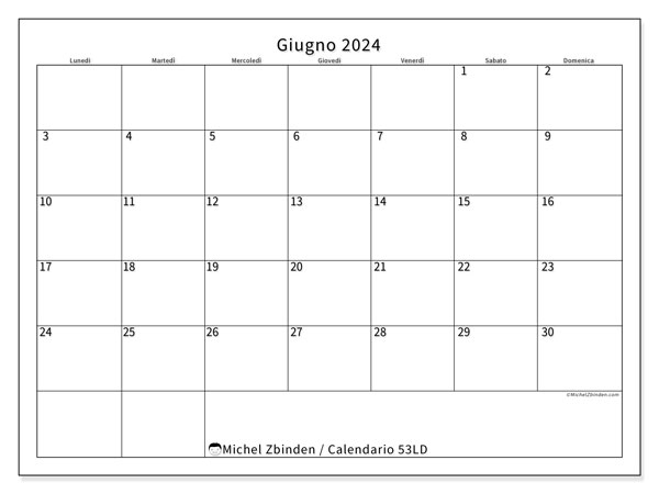 Calendario giugno 2024 “53”. Programma da stampare gratuito.. Da lunedì a domenica
