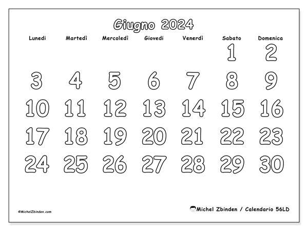 56LD, calendario giugno 2024, da stampare gratuitamente.