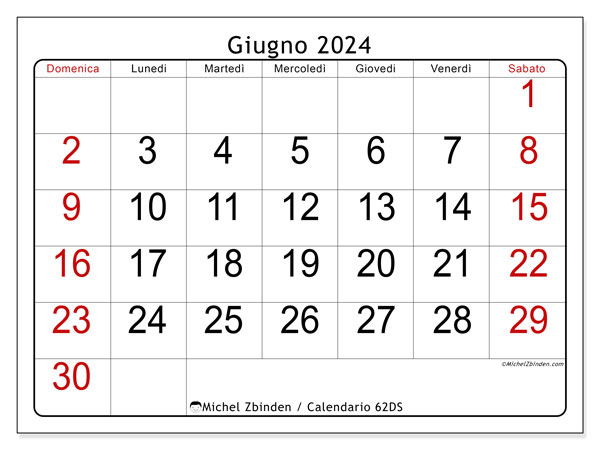 Calendario giugno 2024 “62”. Calendario da stampare gratuito.. Da domenica a sabato