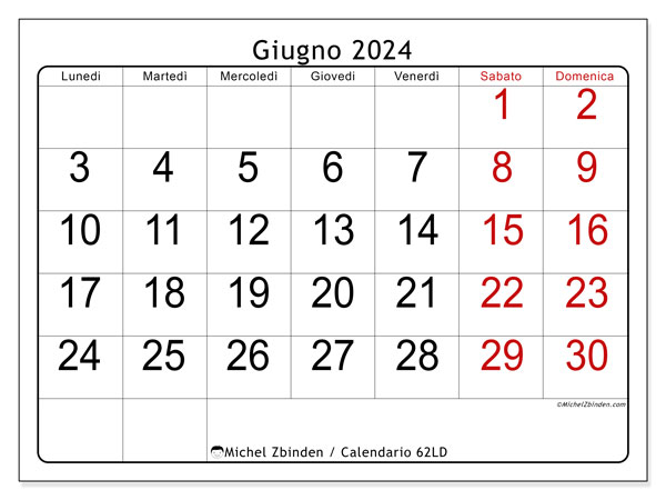 Calendario giugno 2024 “62”. Calendario da stampare gratuito.. Da lunedì a domenica
