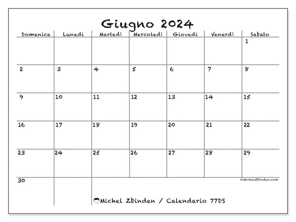 Calendario giugno 2024 “77”. Calendario da stampare gratuito.. Da domenica a sabato