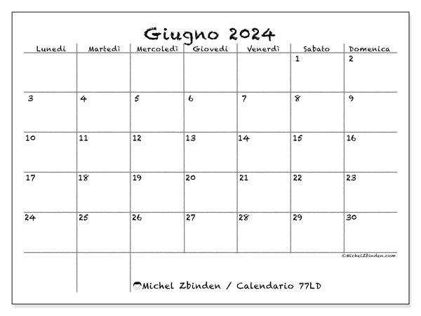 Calendario giugno 2024 “77”. Calendario da stampare gratuito.. Da lunedì a domenica