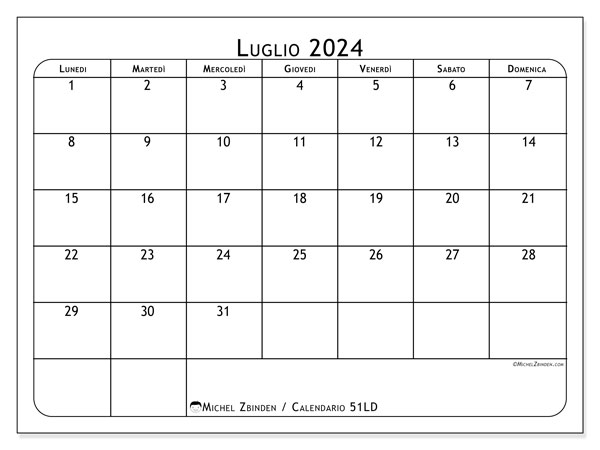 Calendario luglio 2024 “51”. Piano da stampare gratuito.. Da lunedì a domenica