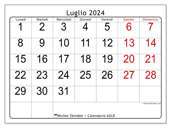 Calendario luglio 2024 “62”. Piano da stampare gratuito.. Da lunedì a domenica
