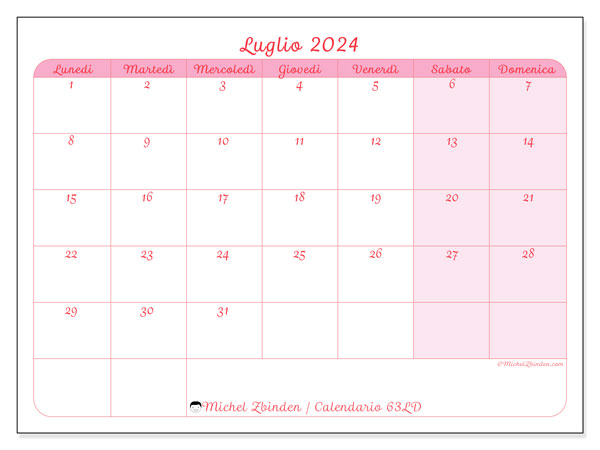 Calendario luglio 2024 “63”. Calendario da stampare gratuito.. Da lunedì a domenica