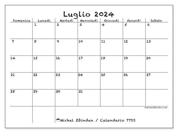 Calendario luglio 2024 “77”. Programma da stampare gratuito.. Da domenica a sabato