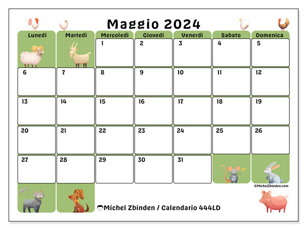 Calendario maggio 2024 “444”. Calendario da stampare gratuito.. Da lunedì a domenica