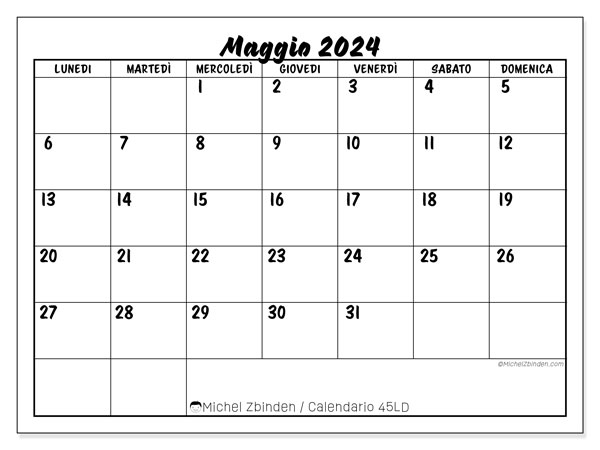 Calendario maggio 2024 “45”. Calendario da stampare gratuito.. Da lunedì a domenica